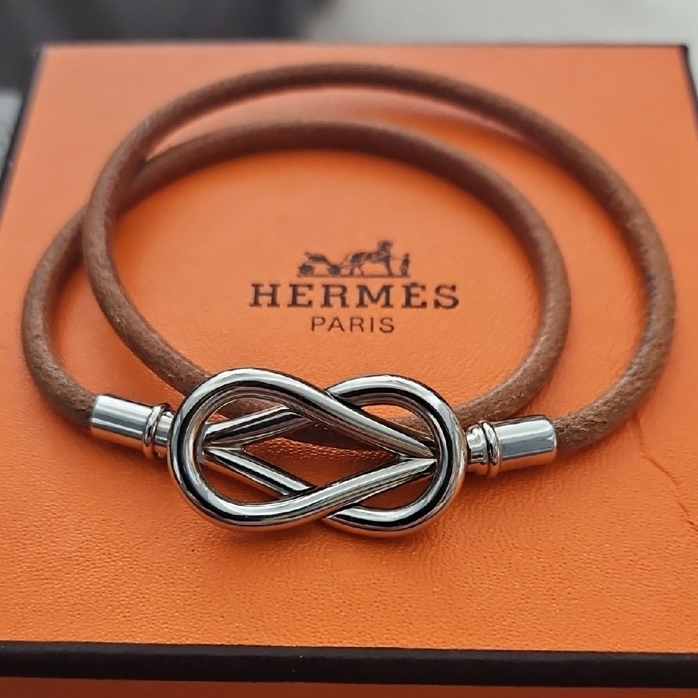 Hermes Silver and Brown Leather Infinity Bracelet With Box